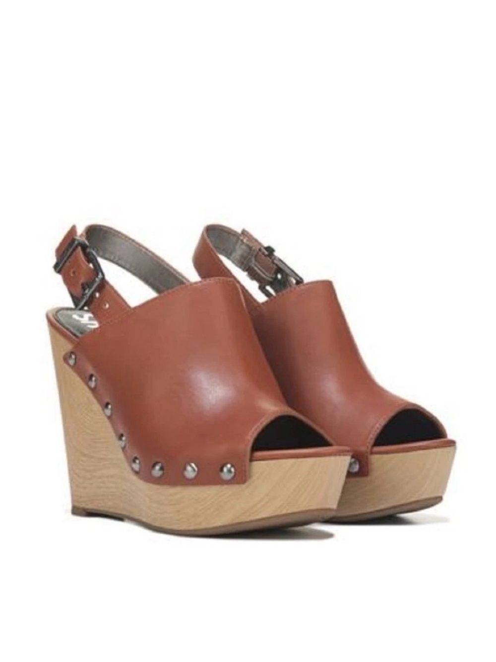 Sam Edelman Women's Brown Leather Peep-Toe Wedge Sandals Size 8.